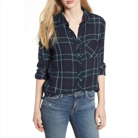 Rails Hunter Metallic Plaid Flannel Button-Down Shirt in blue size small - Picture 2 of 13